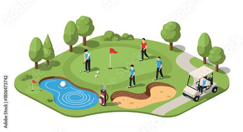 Isometric golf course scene with players and golf cart in action