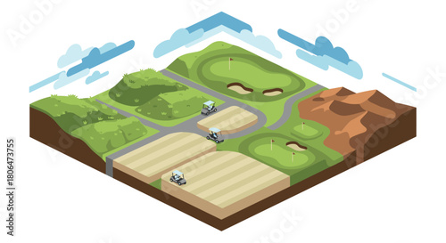 Isometric golf course with greens bunkers and pathways