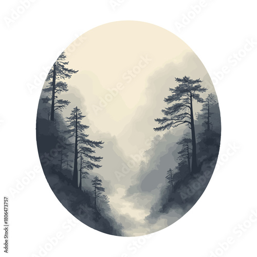 Circle with forest trees in fog. Contains hieroglyphs - eternity, freedom, happiness. Traditional oriental ink painting sumi-e, u-sin, go-hua