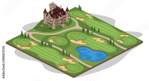 Charming castle golf course in isometric view with lush green fairways and bunkers