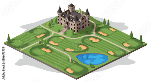 Majestic castle on isometric golf course with lush green landscape