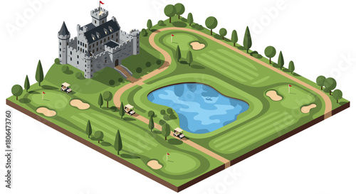 Isometric golf course with castle and lake scene