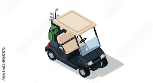Isometric golf cart with clubs on white background for sports and recreation designs