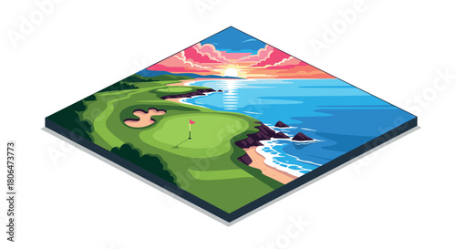 Colorful isometric golf course at sunset by the ocean