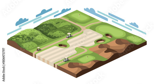 Isometric golf course with carts on a lush landscape