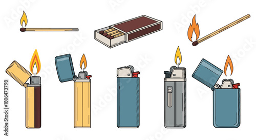 Colorful collection of various fire-starting tools, featuring lit and unlit wooden matches, a full matchbox, and several styles of pocket lighters.