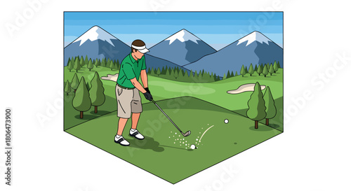 Golfer teeing off against majestic mountain backdrop in vibrant cartoony style