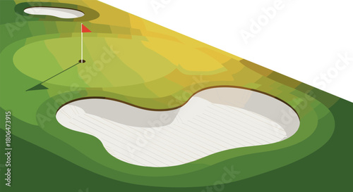 Isometric golf course scene with sunlit bunker and green