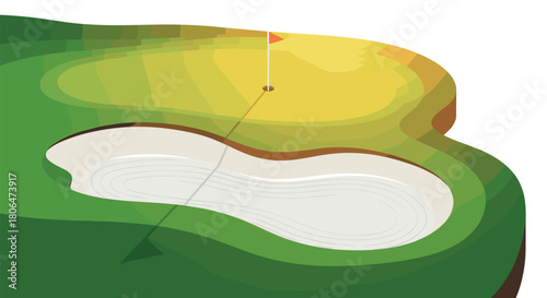 Isometric golf course design with green, flag, and sand trap