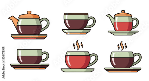 A collection of illustrated teapots cups and saucers in various styles