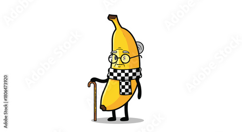 Cute and funny cartoon mascot of an elderly banana character wearing glasses and a scarf, leaning on a wooden cane for support on a white background.