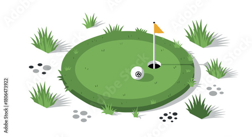 Isometric golf green with flag and ball on grass patch