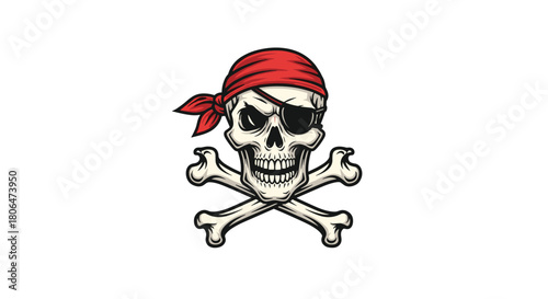 Classic Jolly Roger symbol featuring a grinning human skull with an eyepatch and a red bandana, positioned over two crossed bones for a pirate theme.