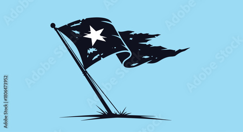 Tattered and weathered black flag featuring a single white star, waving in the wind on a flagpole against a solid light blue sky background.