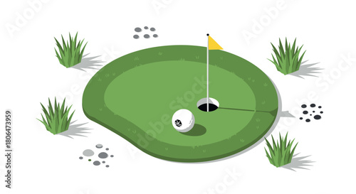 Isometric golf green with flag and golf ball on white background