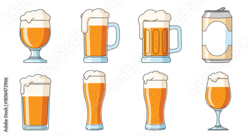 Collection of refreshing golden lager beer served in various classic glass types and a metal can, all topped with a frothy white head of foam.