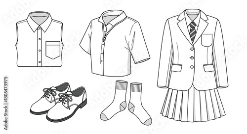 Black and white line art collection of a classic female school uniform, including a blazer, pleated skirt, sleeveless and short-sleeve shirts, and shoes.
