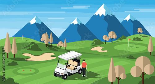 Scenic golf course landscape with mountain view and golf cart in flat design