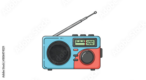 Colorful cartoon illustration of a retro portable radio, featuring a two-tone blue and red body, a silver antenna, and a digital frequency display.