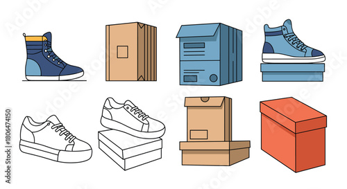 Collection of stylish men's footwear, including sneakers and boots, shown alongside various cardboard shoeboxes for retail packaging and personal storage.