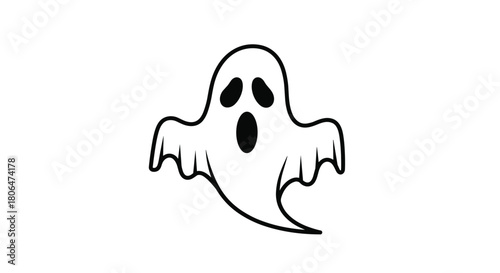 Simple black and white outline of a classic cartoon ghost with a surprised or scared expression, floating with a wavy tail on a white background.