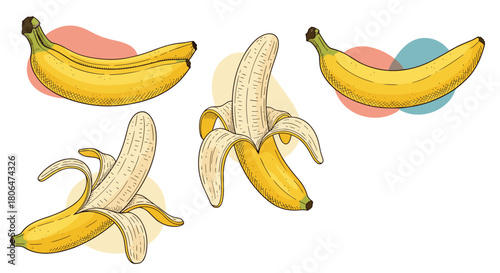 Collection of hand-drawn yellow bananas in different states, including a bunch, a single fruit, and peeled bananas ready to be eaten.