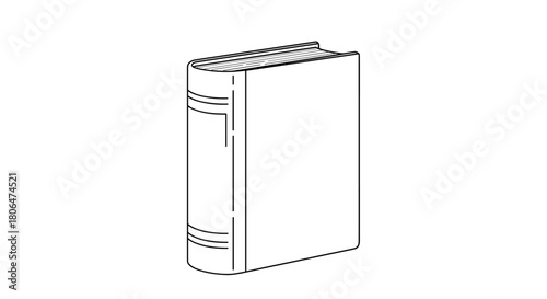 Minimalist black and white line art of a single, thick hardcover book standing upright, with simple decorative bands on its spine.