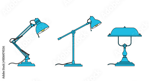 Set of three different styles of blue desk lamps, including a classic articulated arm lamp and a vintage banker's lamp for office or home use.