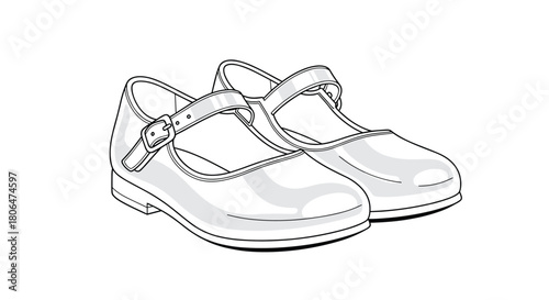 Black and white line drawing of a pair of classic Mary Jane shoes for girls, featuring a single strap with a buckle and a shiny patent finish.