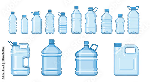 Comprehensive set of empty, clear blue plastic bottles, jugs, and canisters in a wide variety of shapes and sizes for different liquid products.