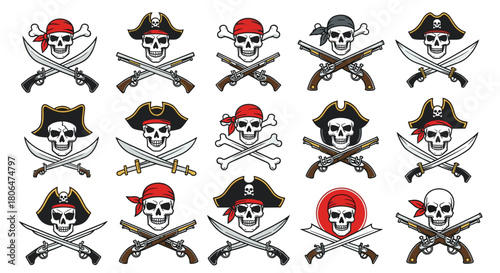Large set of pirate skull and crossbones emblems, each with unique details like different hats, bandanas, crossed swords, and pistols.