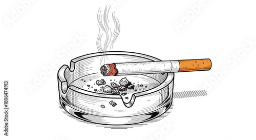 Vintage, hand-drawn sketch of a lit cigarette resting in a glass ashtray filled with ash, with a trail of smoke rising into the air.