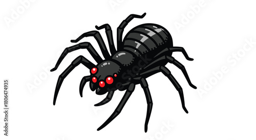 Menacing cartoon black widow spider with a shiny black body and multiple glowing red eyes, poised in an intimidating stance on a white background.