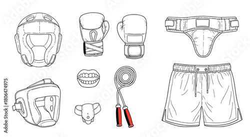 Comprehensive collection of boxing equipment and accessories in a clean black and white line art style, including gloves, headgear, shorts, and a jump rope.
