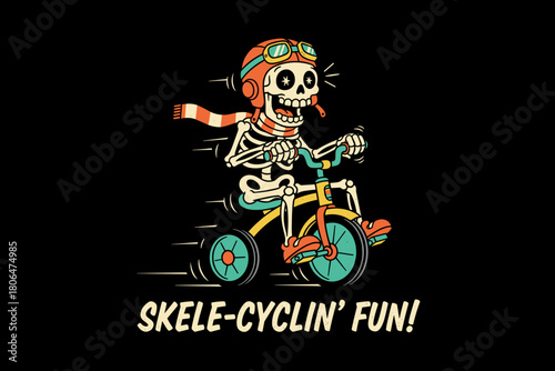 Funny Skeleton Riding a Tricycle with a Scarf and Goggles.