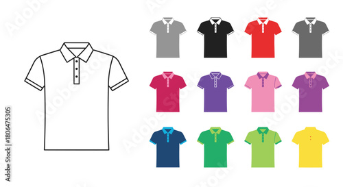 Versatile men's polo shirt template shown in a clean outline and a palette of twelve different vibrant color options for fashion design.
