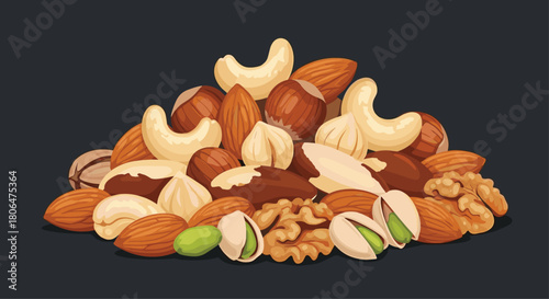 Vibrant illustration showcasing a delicious assortment of mixed nuts like almonds, cashews, walnuts, and pistachios on a solid dark background.