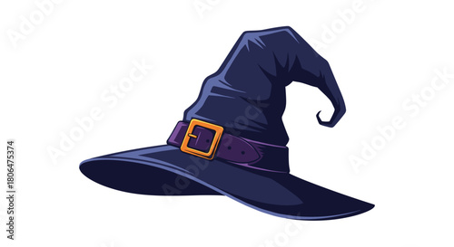 Classic cartoon illustration of a dark purple witch hat featuring a pointed top, wide brim, and a decorative band with a shiny gold buckle.