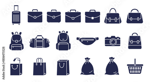 Comprehensive collection of dark blue silhouette icons representing various types of bags, including luggage, briefcases, and backpacks.