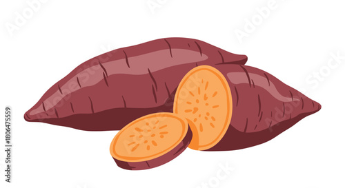 Simple and clean illustration of a whole sweet potato next to a sliced one, revealing its vibrant orange flesh and root vegetable texture.