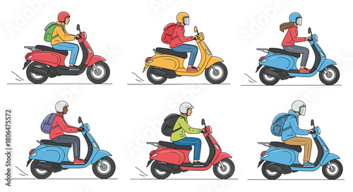 Set of six diverse delivery couriers, including men and women of various ethnicities, riding colorful scooters with backpacks and helmets.