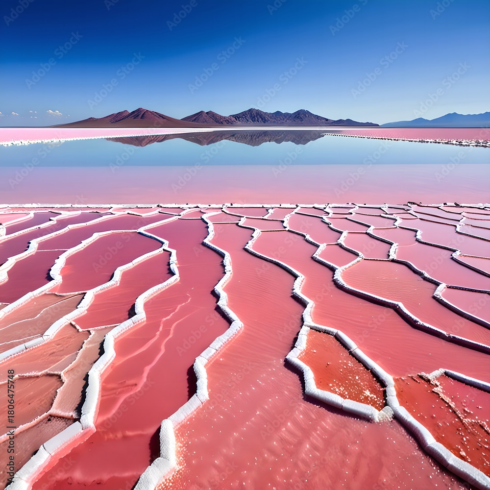 Fototapeta premium A natural pink salt lake, horizontal line separati - AI Version