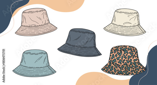 Five fashionable bucket hats in various solid colors and a trendy leopard print pattern, illustrated in a hand-drawn, sketch-like style.
