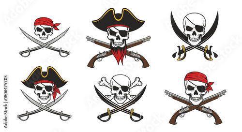 Assortment of six pirate jolly roger emblems with skulls wearing different headwear, featuring crossed swords and flintlock pistols.
