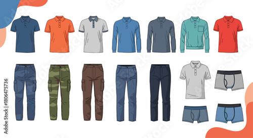 Comprehensive collection of men's casual clothing items including polo shirts, cargo pants, jeans, and boxer briefs in various colors.