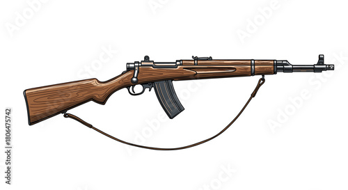 Detailed color illustration of a vintage semi-automatic rifle with a wooden stock, curved magazine, and a leather carrying strap.