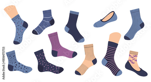 Assortment of cozy and colorful socks for men and women, featuring various patterns like polka dots, stripes, and hearts in a flat style.
