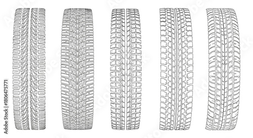 Set of five different tire tread patterns, illustrated in a detailed black and white line art style for automotive design concepts.