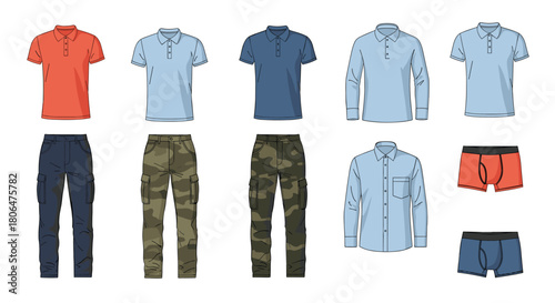 Casual menswear collection featuring polo shirts, a button-down shirt, cargo pants, and boxer briefs displayed as a clothing flat lay.