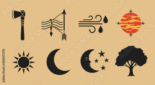 Set of eight black silhouette icons with a mystical and natural theme, including an axe, bow, moon, sun, tree, and weather symbols.